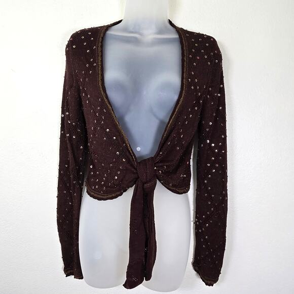 VTG Cache Y2K Shrug Sweater L Brown Gold Sequin Bead Dark Romantic Forest Fairy - Picture 3 of 9